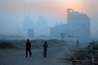 New delhi winter mornings and foggy haze, india