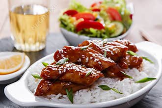 Teriyaki chicken with rice and salad japanese cuisine