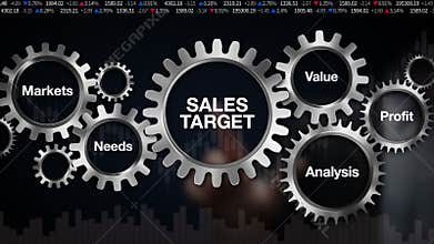 Gear with keyword, Markets, Needs, Profit, Analysis, Value. Businessman touch screen 'SALES TARGET'