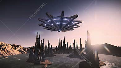 Flying saucer taking off in a futuristic city footage video