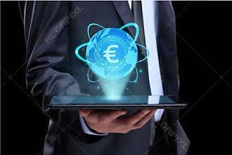 Businessman holding tablet with a projected on-screen icon online trading Euro. business Internet concept.