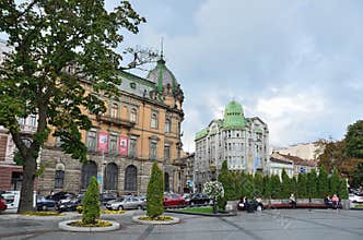 Lviv, Ukraine, September, 16, 2013. Liberty Avenue in Lviv in rainy weather