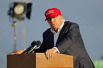 SAN PEDRO, CA - SEPTEMBER 15, 2015: Donald Trump, 2016 Republican presidential candidate, speaks during a rally aboard the Battles