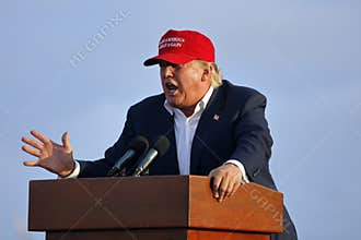 SAN PEDRO, CA - SEPTEMBER 15, 2015: Donald Trump, 2016 Republican presidential candidate, speaks during a rally aboard the Battles