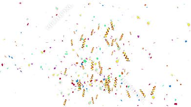 Animation of shooting colorful confetti paper, twisted ribbon, and element particle for holiday party and celebration decoration c