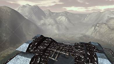 Spaceship take off from futuristic pyramid aerial