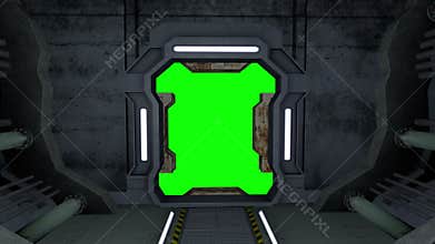 Animated corridor. Doors with green screen and alpha matte 4K