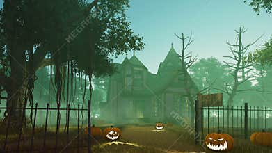 Halloween haunted house at misty dusk 4K