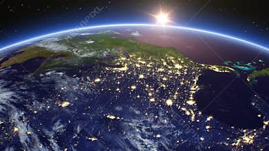 Beautiful Sunrise over the United States of America. Sun Rising over the Earth. Cities at Night. 3d animation in 4k. Ultra HD.