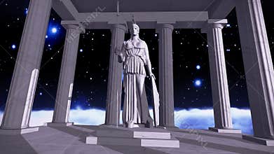 Ancient greek temple in space with a sculpture