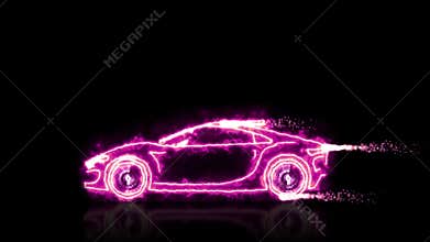 Abstract animation of sweet pink futuristic woman super car made with light beam wireframes on black isolated futuristic