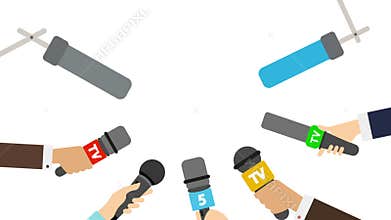 Journalists with microphones on white background. Breaking news concept. TV and radio broadcasting. Live.