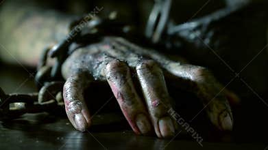 Terrible burnt hand is chained to an iron chain. monster hand on Halloween