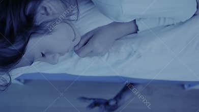 Monster coming out from under little girls bed. nightmare child. halloween