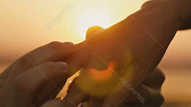 Wedding Ring Put On Finger Hands Touching Sunset Bride Groom Man Woman Marriage Proposal Vacation Honeymoon, silhouette
