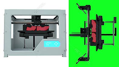 2 video in 1. 3D printing device creating a model. The whole process is speeded. green screen animation