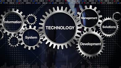 Gear with keyword, information management development system, solutions. Businessman touching 'Technology'