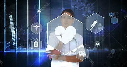 Doctor touching virtual digital interface screen