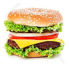 Big burger, hamburger, cheeseburger close-up isolated on a white background