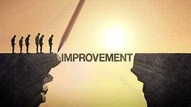 Pencil write 'IMPROVEMENT', connecting the cliff. Businessman crossing the cliff, business concept.