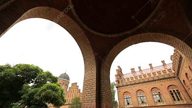 Chernivtsi National University campus view. Tracking shot with low angle view on campus tower
