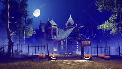 Halloween pumpkins and scary haunted house 4K