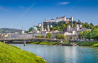 Salzburg skyline with Festung Hohensalzburg and Salzach river in summer