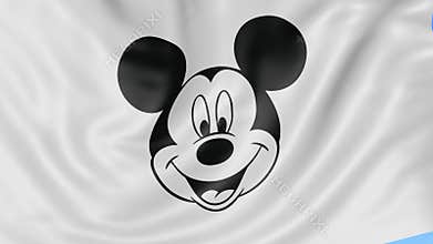 Close up of waving flag with Walt Disney Mickey Mouse logo, seamless loop, blue background. Editorial animation. 4K