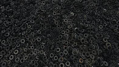 Aerial view old rubber, tyre tire, wheel of cars in recycling factory 4k