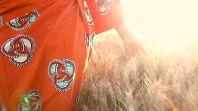 African woman in traditional clothes walking with her hand on a field of crops at sunset or sunrise