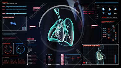 Businessman touching digital screen, Rotating Human lungs, Pulmonary Diagnostics. X-ray image. medical technology.