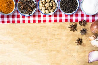Background ingredient food indian style on wooden table.