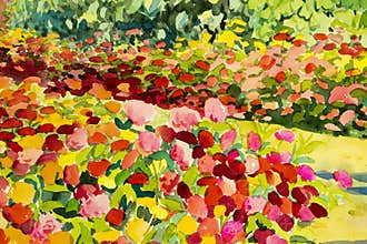 Abstract watercolor original landscape painting colorful of beauty flowers