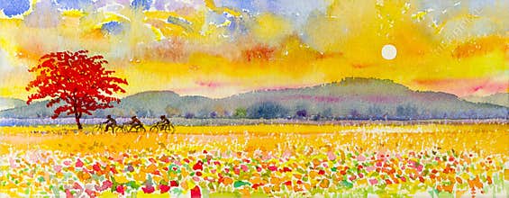 Landscape original painting family fitness by ride bicycle and sunset