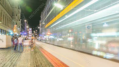 Wenceslas Square in Prague at night timelapse, dusk time.