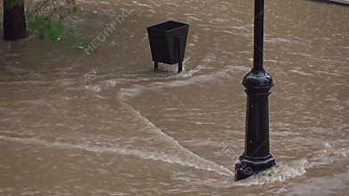 Flood after heavy rain in residential area. 4K long shot