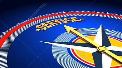 Golden compass arrow pointing on word service