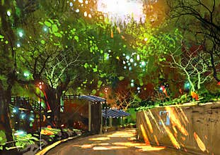 Walkway in green park with sunlight,painting