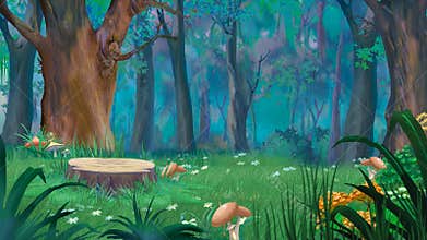 Forest Glade with Big Stump and Mushrooms in a Summer Day