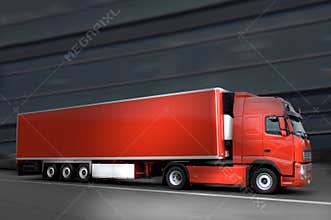 Red truck on asphalt