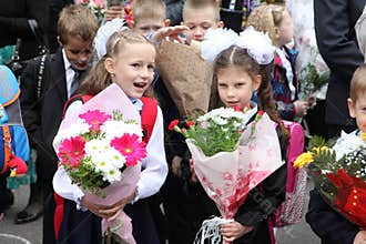 The first call. September 1, Knowledge Day in Russian school. Day of Knowledge. First day of school.