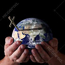 Easter gods hands holding world with cross