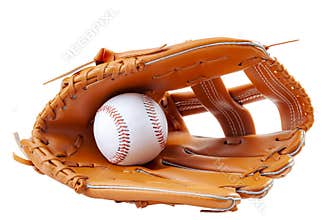America s pastime, sporting equipment and american sports concept with a new generic baseball glove and holding a ball isolated on