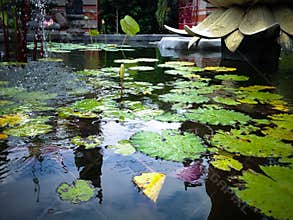 Water Garden Of The Lotus Pond Fountain In The Yard Of Buddhist Monastery In Bali