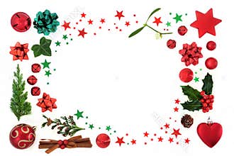 Christmas Background Border Decoration with Baubles and Flora