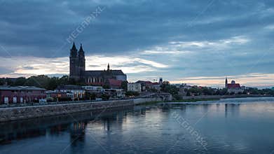 View of Magdeburg skyline on sunset