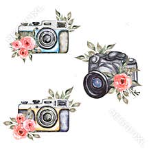 Watercolor modern and vintage camera set, coral peony flower clipart, red roses, greenery illustration, grey leaves, logo clipart