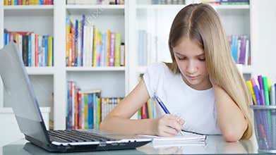 Kid Using Laptop Studying in Video Conferencing, Child Learning, Writing