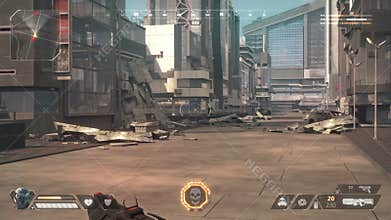 Fake 3D game. Sci-fi city shooter with hud