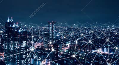 Telecommunication network above city, wireless mobile internet technology for smart grid or 5G LTE data connection, concept about